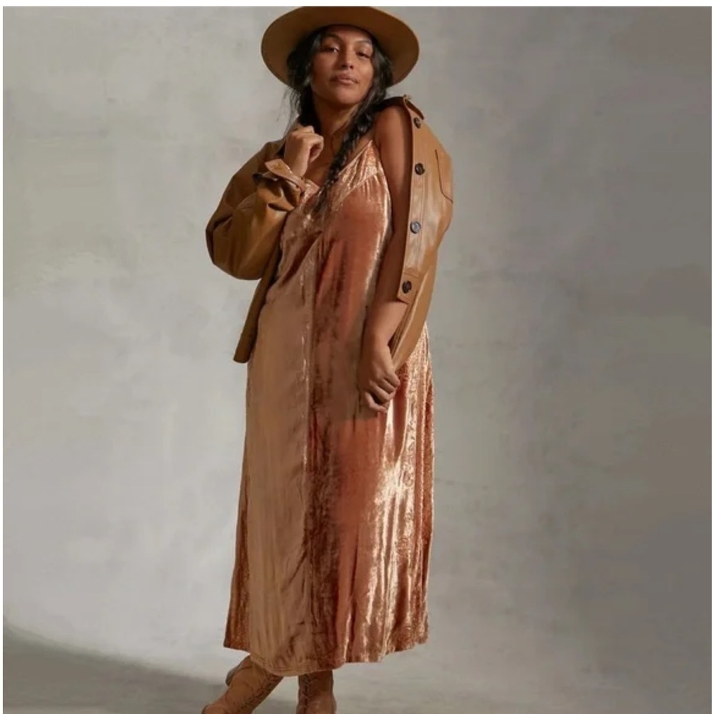 Anthropologie Embroidered Copper velvet dress size 14
Lucie Velvet Embroidered